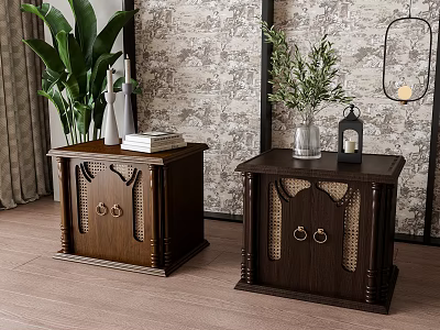 Vintage Wooden Bedside Tables With Decorative Vase Lantern Books And Green Plant 3d model