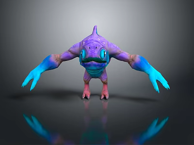 Fantasy Creature Character 3D Model With Purple Body Blue Arms Large Eyes And Reflection 3d model