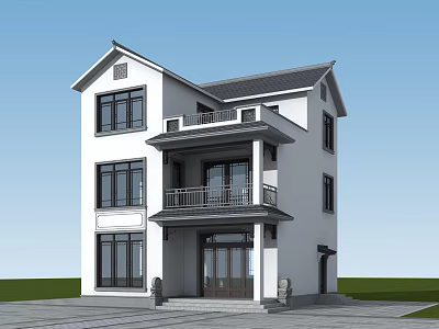 Two Story Detached Villa With White Exterior Black Windows Balcony And Stone Lions 3d model