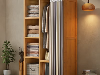 Wooden Wardrobe Interior with Shelves Hanging Clothes and Folded Towels Storage 3d model