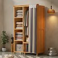 Wooden Wardrobe Interior with Shelves Hanging Clothes and Folded Towels Storage