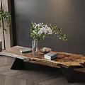 Natural Wood Coffee Table With Black Metal Legs Vase White Flowers Green Foliage And Books