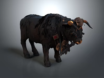 Black Bull With Rough Textured Body And Decorative Horns Red Patch Artistic Model 3d model