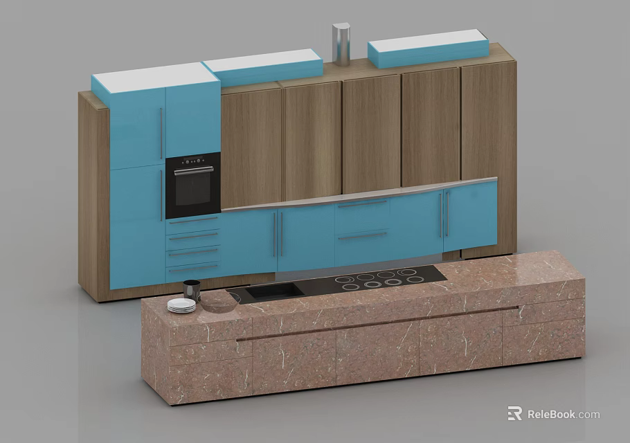 Modern Kitchen With Blue And Wooden Cabinets And Marble Countertop Oven 3d model 