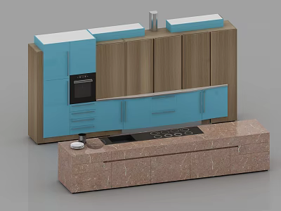 Modern Kitchen With Blue And Wooden Cabinets And Marble Countertop Oven 3d model