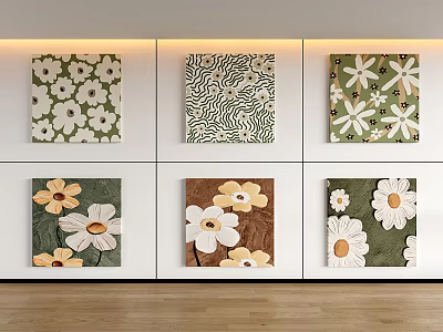 Colorful Floral Decorative Wall Art With Green Brown Backgrounds And White Flowers 3d model