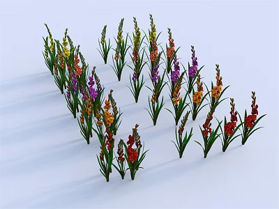 Colorful Flowers with Green Stems and Leaves Arranged on White Background 3d model