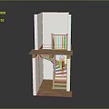 Detailed Miniature Architectural Model Featuring Wooden Staircase With Platform Pink Chair And Climbing Figure