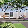 Outdoor Pergola Dining Area With Table Chairs Paved Floor Green Plants And Flowers