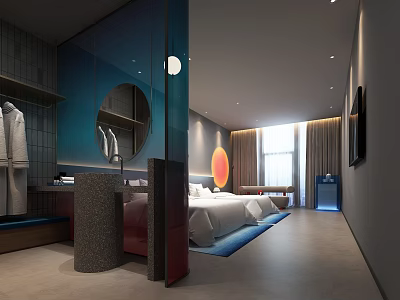 Modern Hotel Guest Room Interior Design With Comfortable Bed Round Mirror And Accent Lighting 3d model