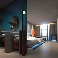 Modern Hotel Guest Room Interior Design With Comfortable Bed Round Mirror And Accent Lighting