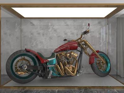 Red Custom Motorcycle with Teal Wheels Displayed in Gray Wall Gold Frame Marble Floor Showroom 3d model