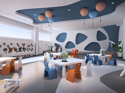 Modern Kindergarten Interior Design With Blue And Orange Chairs White Tables And Hanging Balloon Decorations 3d model