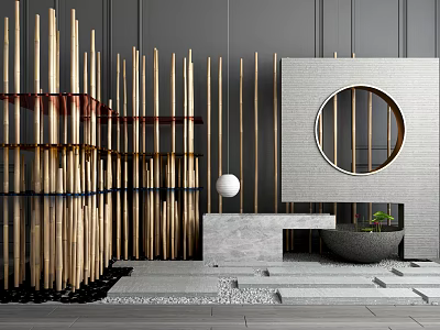 Modern Garden Ornament with Bamboo Poles Circular Window Stone Platform Potted Plant and Steps 3d model