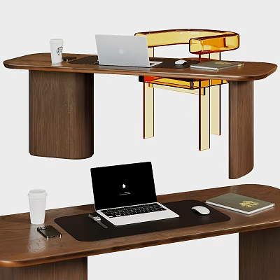 Modern Wooden Office Desk With Laptop Coffee Cup Mouse Phone And Transparent Chair 3d model