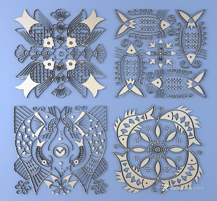 Intricate Fish Themed Carved Patterns On Blue Background With Symmetrical Detailed Designs 3d model 