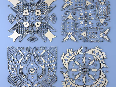 Intricate Fish Themed Carved Patterns On Blue Background With Symmetrical Detailed Designs 3d model