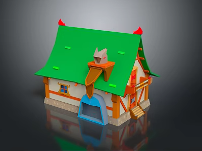 Cartoon House Scene With Green Roof Red Decorations Brown Chimney Blue Door And Stone Walls 3d model