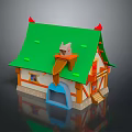 Cartoon House Scene With Green Roof Red Decorations Brown Chimney Blue Door And Stone Walls