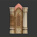 Classical Decorative Furniture With Red Arch Top Marble Columns And Geometric Window