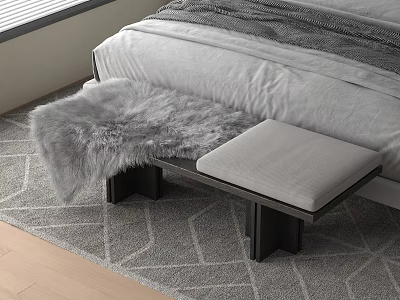 Gray Furry And Padded Bed Footstool Beside White Bed On Geometric Rug Wooden Floor Bedroom 3d model