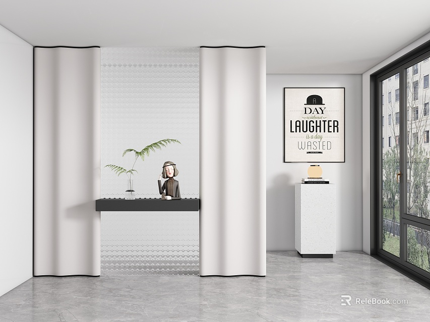 Stylish Entryway Hallway With White Partition Console Table Potted Plant Wall Poster And Gray Floor 3d model 