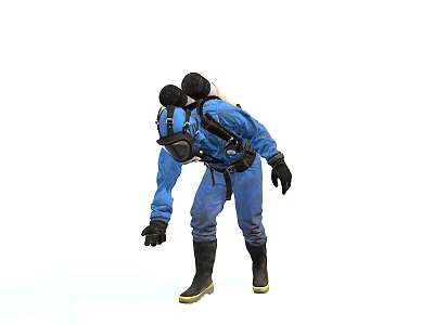 Man In Blue Protective Suit With Gas Mask Carrying Safety Equipment 3d model