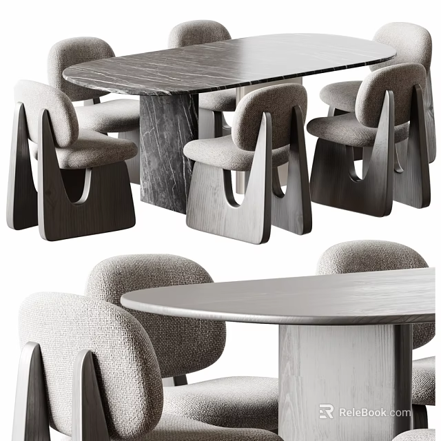 Modern Solid Wood Dining Table And Soft Upholstered Chair Combination For Stylish Home Dining Room 3d model 