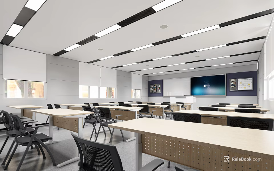 School Classroom Interior With Long Tables Chairs Ceiling Lights Large Screen Posters And Windows 3d model