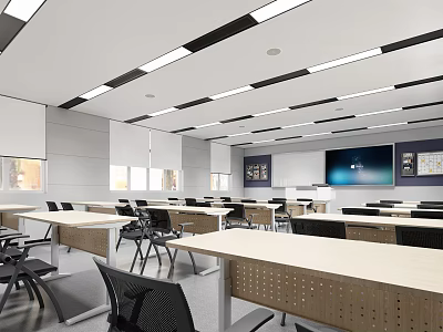 School Classroom Interior With Long Tables Chairs Ceiling Lights Large Screen Posters And Windows 3d model