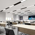 School Classroom Interior With Long Tables Chairs Ceiling Lights Large Screen Posters And Windows 3d model