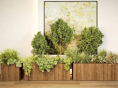 Lush Plant Combination in Wooden Planters with Various Green Shrubs and Herbs in Indoor Space 3d model