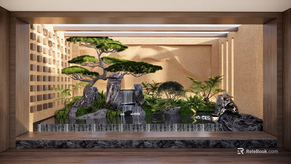 Indoor Garden Ornament with Rockery Waterfall Pine Tree Green Plants and Stone Lantern 3d model 