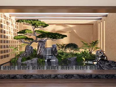 Indoor Garden Ornament with Rockery Waterfall Pine Tree Green Plants and Stone Lantern 3d model
