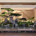 Indoor Garden Ornament with Rockery Waterfall Pine Tree Green Plants and Stone Lantern