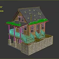 Wooden Residential House With Gray Roof Green Stairs Orange Decorations And Stone Base