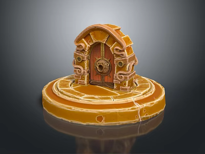Architectural Model with Arched Wooden Door Ornate Carvings on Circular Stone Base 3d model