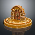 Architectural Model with Arched Wooden Door Ornate Carvings on Circular Stone Base