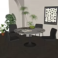 Modern Round Dining Table Set With Marble Top Black Chairs Fruit Bowl And Plants