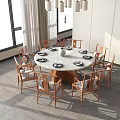 Round Marble Top Dining Set With Eight Wooden Chairs Floor to Ceiling Windows Green View