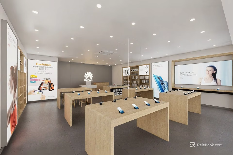 Modern Digital Store Interior Featuring Wooden Display Tables And Smartphones On 3d model 