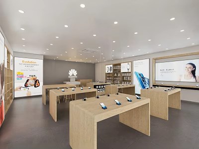 Modern Digital Store Interior Featuring Wooden Display Tables And Smartphones On 3d model