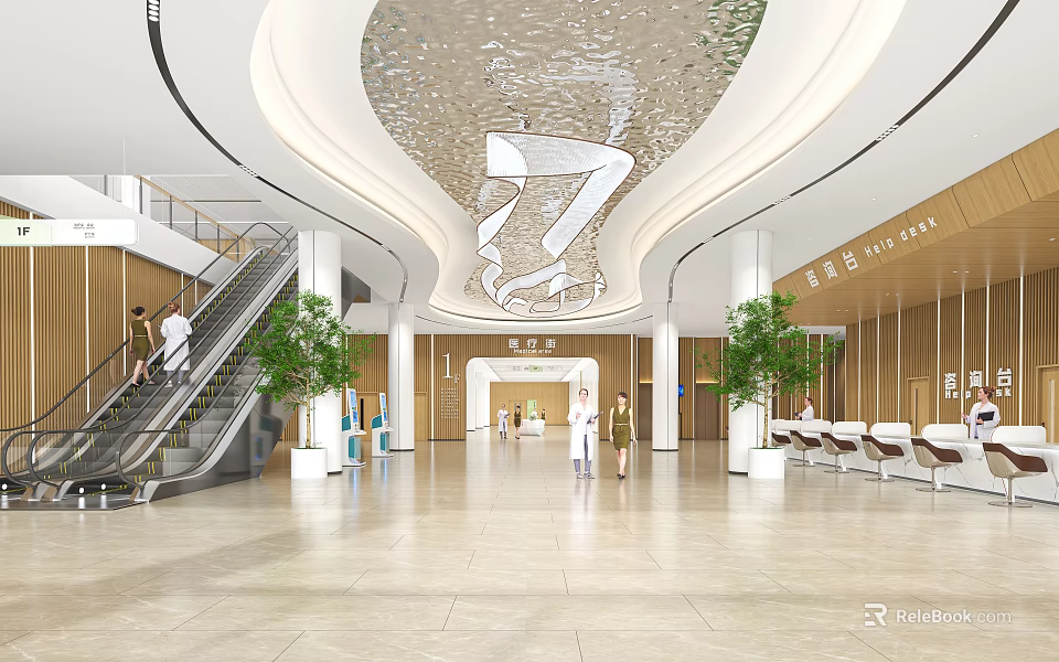 Modern Spacious Hotel Lobby Interior With Grand Chandelier Wooden Walls Escalator And Green Plants 3d model 