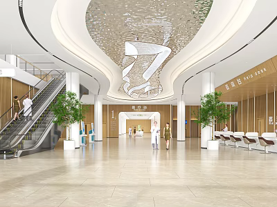 Modern Spacious Hotel Lobby Interior With Grand Chandelier Wooden Walls Escalator And Green Plants 3d model