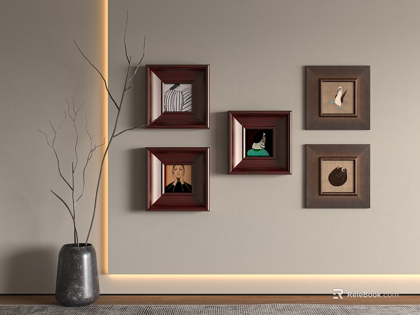 Five Framed Pictures on Wall with Vase and Branches in Modern Interior Decor 3d model 