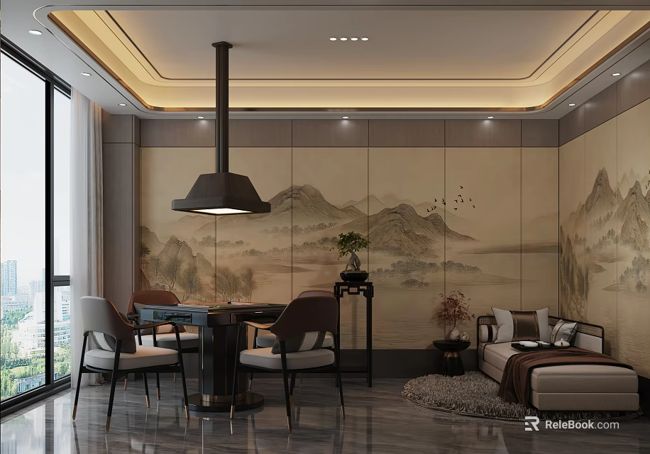 Traditional Chinese Teahouse Interior With Mountain Landscape Wall Pendant Lamp And Wooden Furniture 3d model
