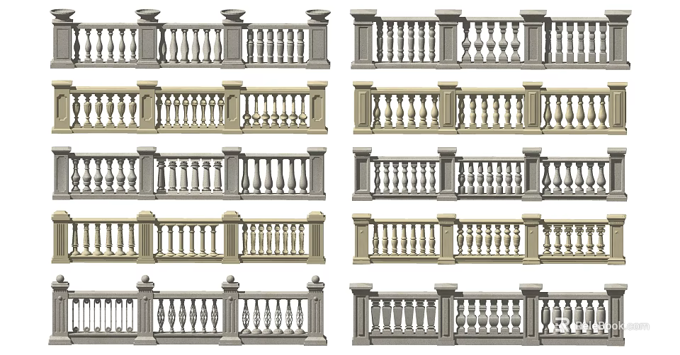Various Decorative Railing Designs With Ornate Balusters And Column Posts 3d model