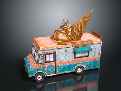 Vintage Ice Cream Truck With Orange Blue Exterior And Giant Ice Cream Cone Top 3d model
