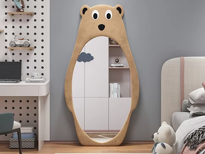 Cute Bear Shaped Brown Mirror for Kids Room Bedroom Decor with Storage 3d model