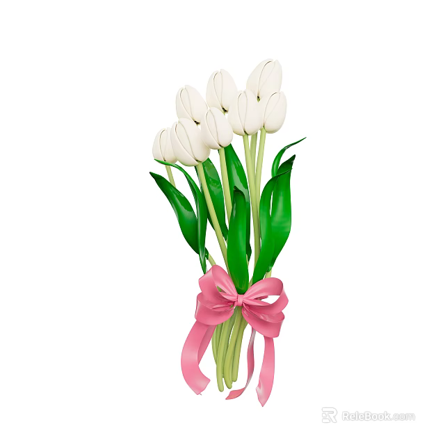 Floral Display With White Tulips Bouquet Green Leaves And Pink Ribbon Bow 3d model 